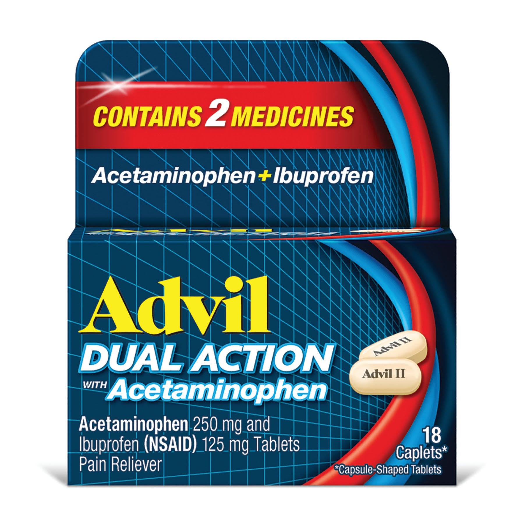 Advil Dual Action Coated Caplets - Acetaminophen + Ibuprofen, 18 Ct