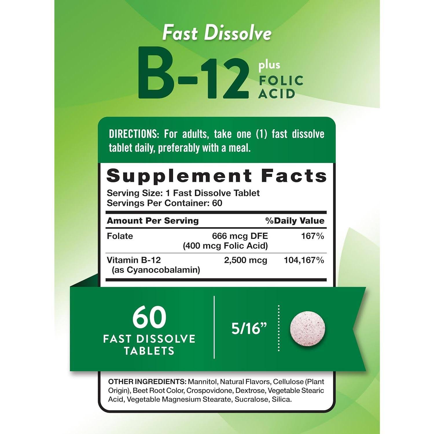 Nature's Truth Vitamin B-12 2500 mcg Plus Folic Acid 60 Fast Dissolve Berry Tablets