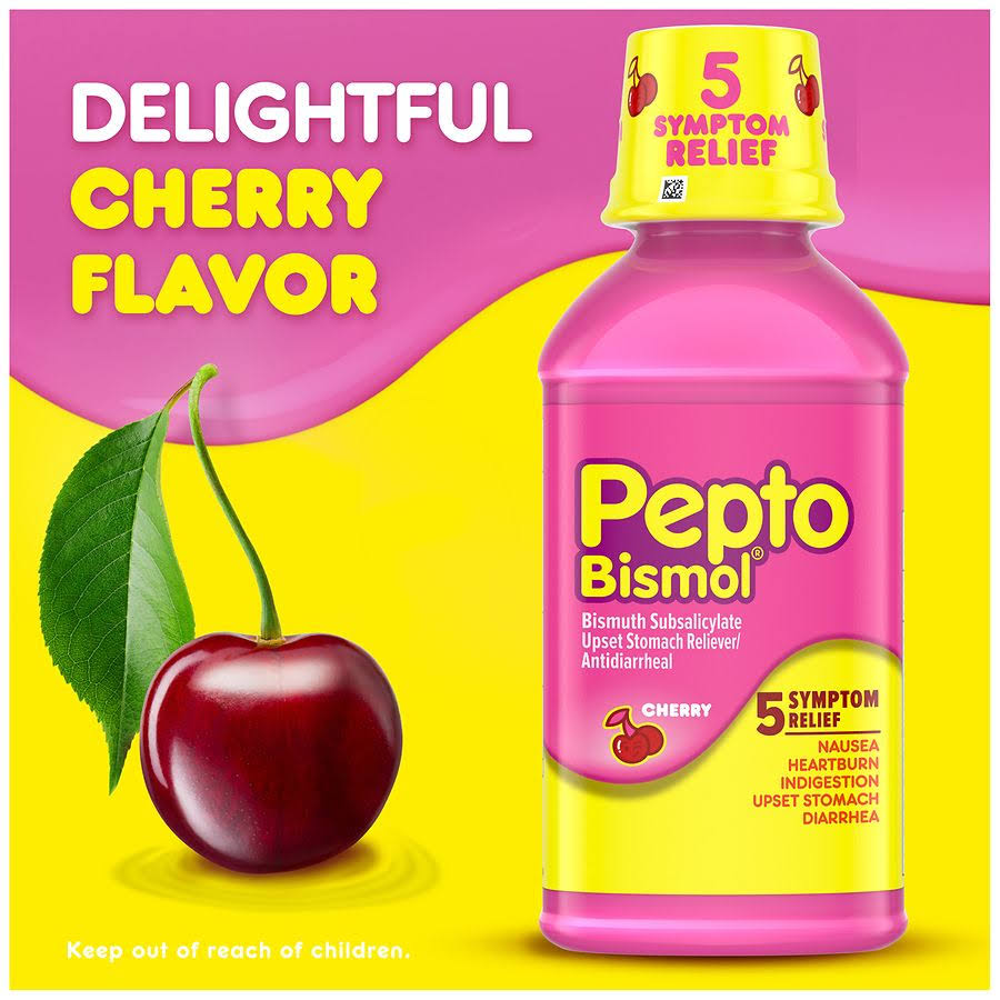 Multi-Symptom Pepto Bismol Liquid for Nausea, Heartburn, Indigestion, Upset Stomach, and Diarrhea Relief, Cherry Flavor 8 oz