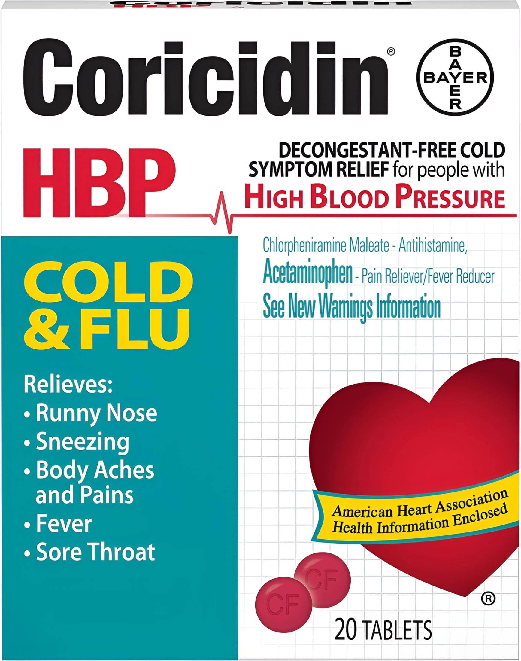 Coricidin HBP Cold & Flu Cold Relief Tablets 20 ct Box