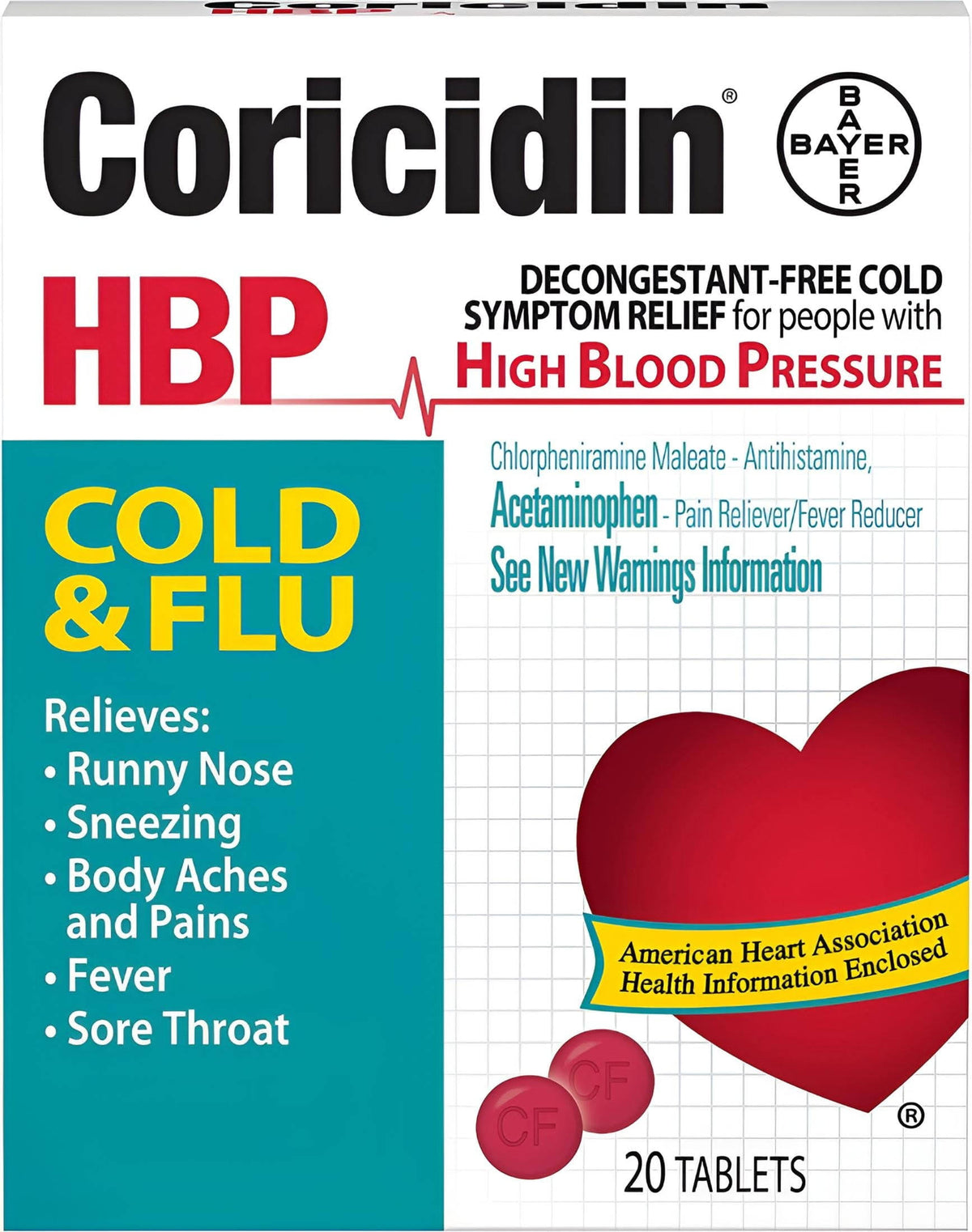 Coricidin HBP Cold & Flu Cold Relief Tablets 20 ct Box
