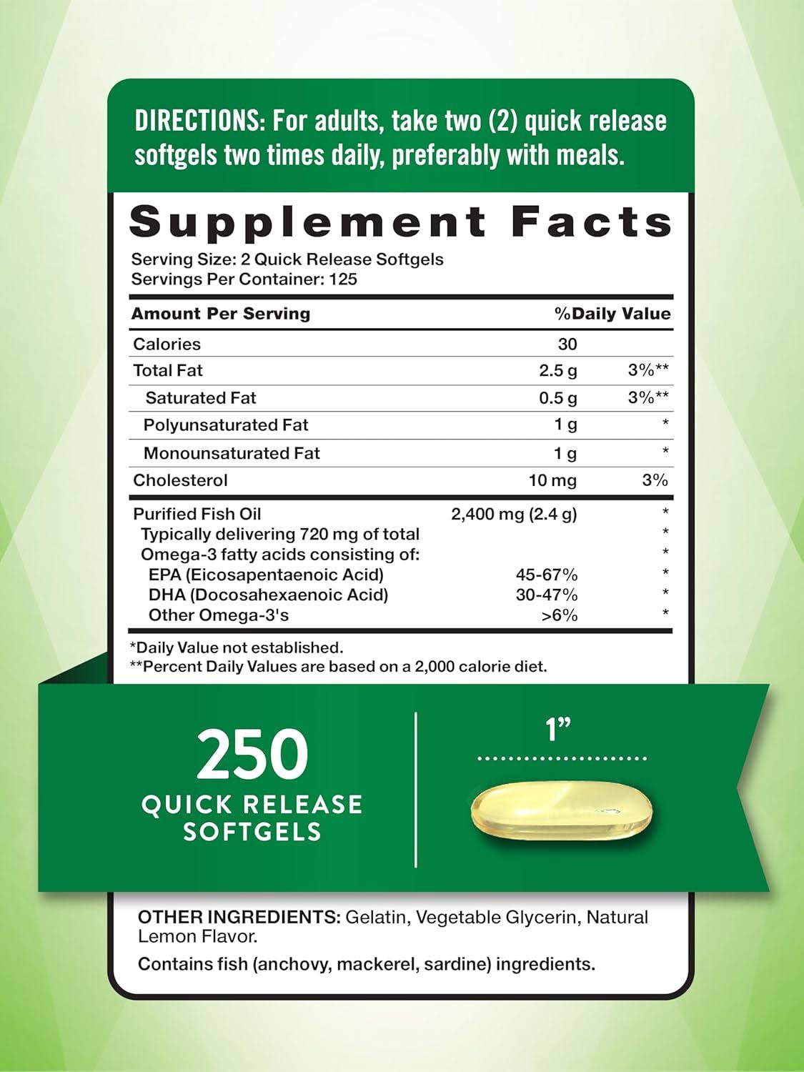 Nature's Truth Fish Oil 2400mg | Natural Lemon Flavor | 250 Softgels