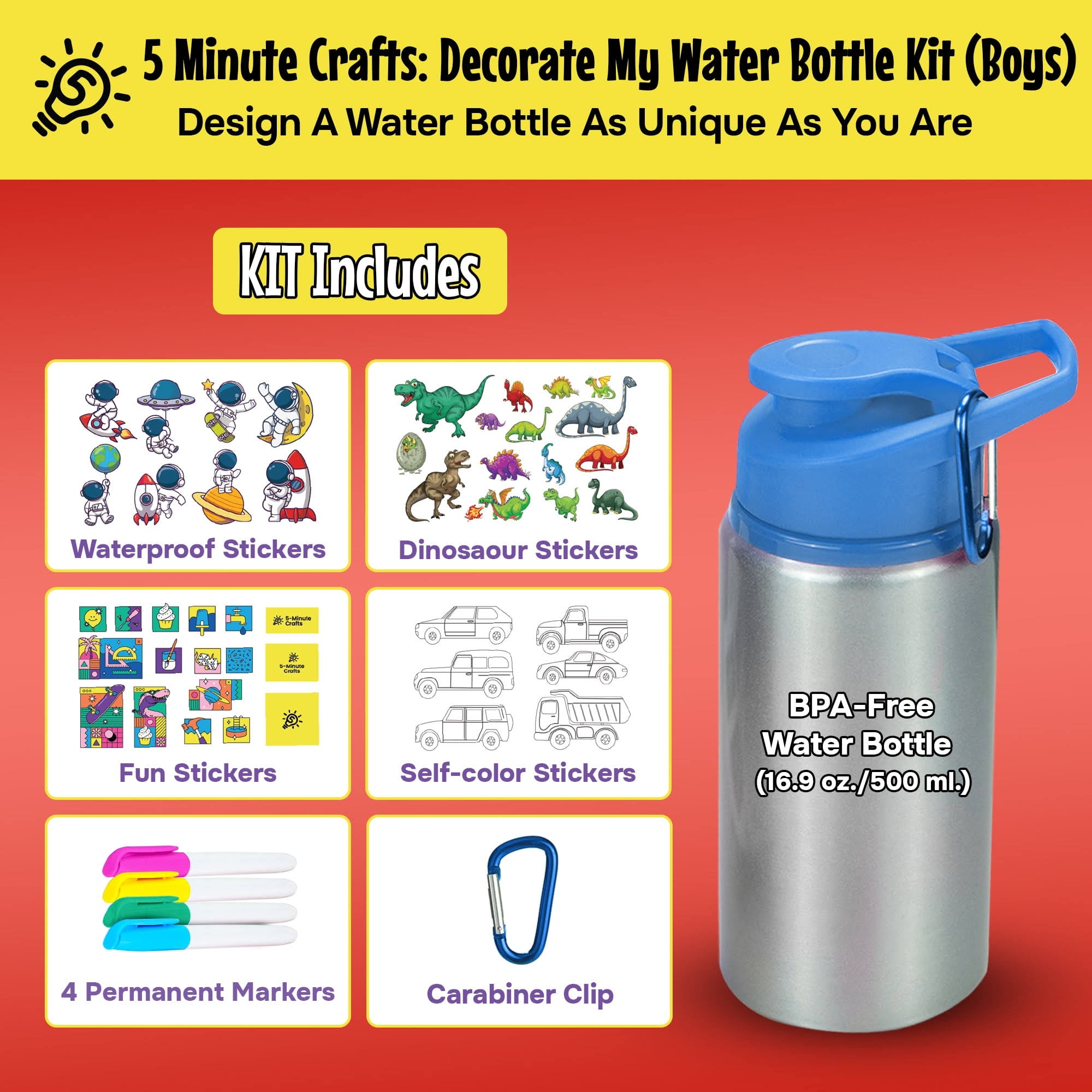 5-Minute Crafts - Kids Boy Bottle with Stickers Kit As Seen On Social Media
